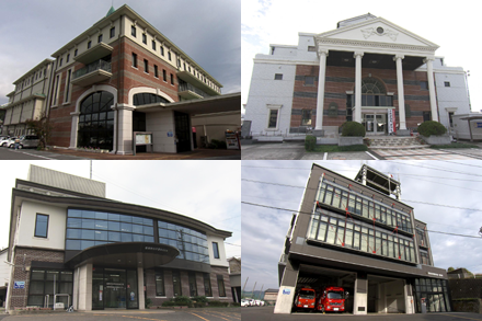 のいちふれあいセンター、野市図書館、香南市消防署、香我美総合保健福祉センターの各外観
